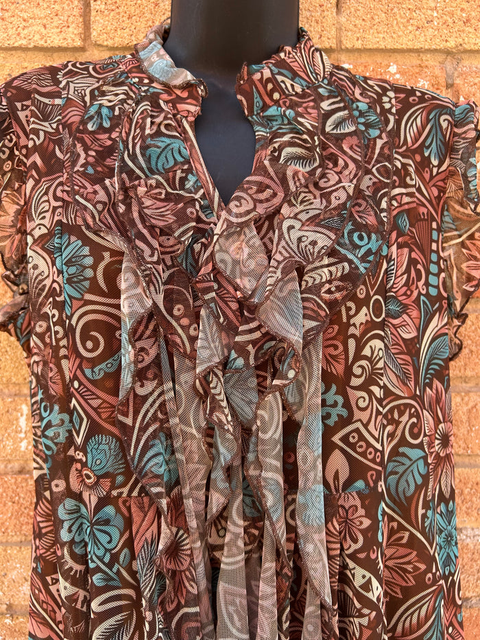 BROWN FLORAL SLEEVELESS DRESS