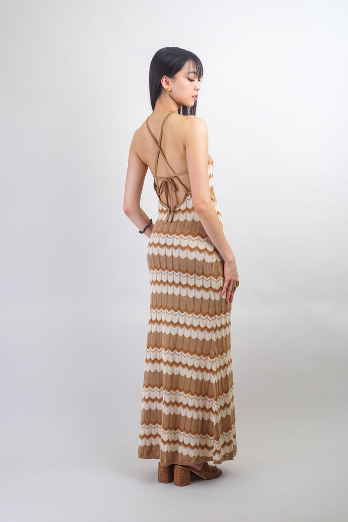 Private Label DRESSES Brown Knitted Zig Zag Striped Midi Dress