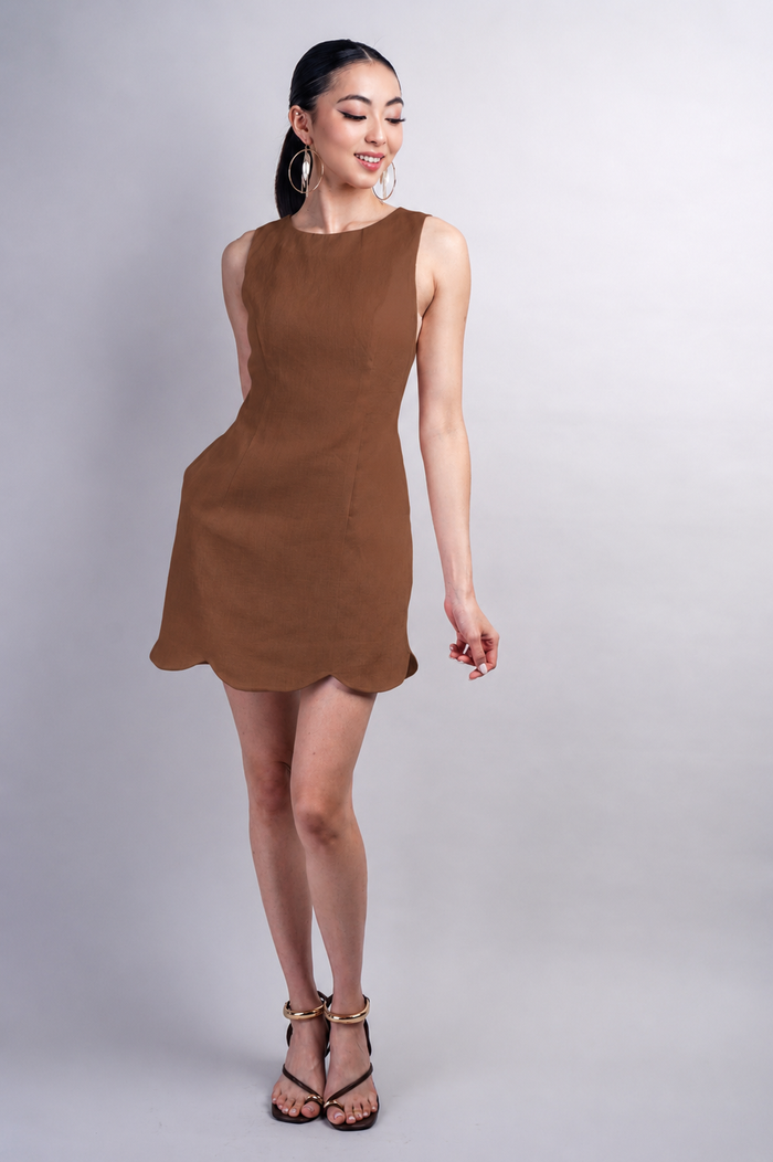 Brown Scallop Linen Mini Dress