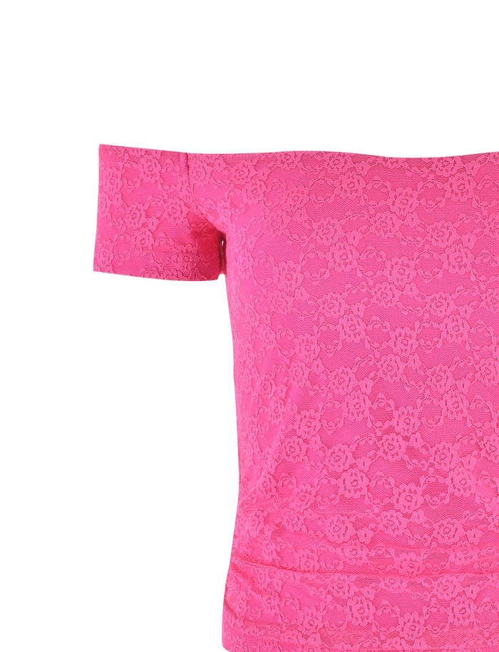 Introducing the CAIDEN TOP - PINK : HOT PINK : HOT PINK LACE from TIGERMIST, a stunning off-the-shoulder design featuring short sleeves and intricate floral lace. The fabric has a slight elasticity, ensuring a flattering fitted shape. With its straight neckline and cropped length just above the waist, this bright pink top is perfect for making a bold fashion statement.