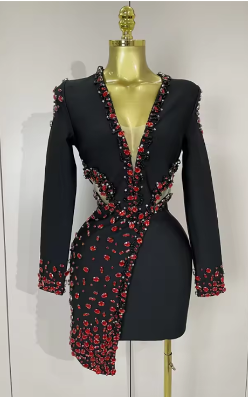 Camille sexy black bandage dress with long sleeves, deep V neckline, and rhinestone detailing for evening and birthday parties