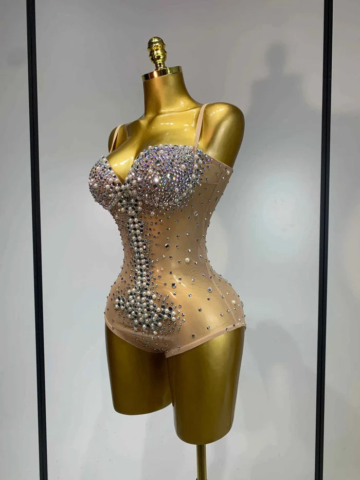 Candice Rhinestone Pearl Mesh Bodycon Bodysuit