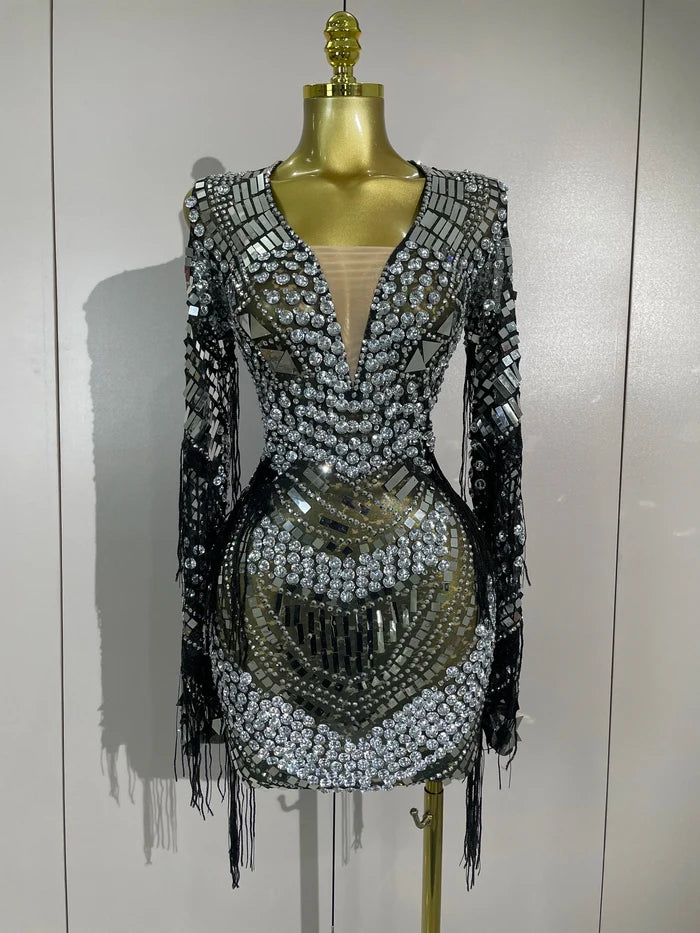 Candice sparkling diamond sequin tassel long sleeve sheer mesh mini dress for women party night out