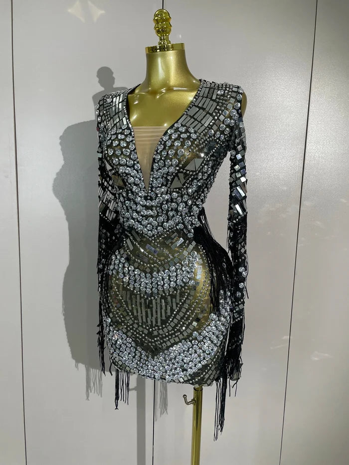 Candice sparkling diamond sequin tassel long sleeve sheer mesh mini dress for women party night out