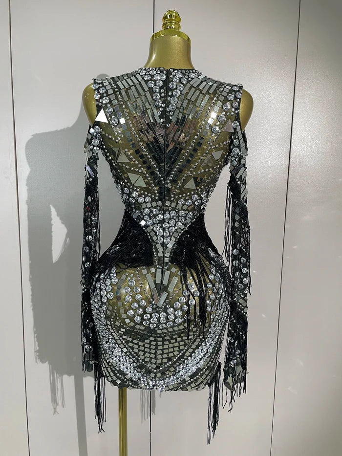 Candice sparkling diamond sequin tassel long sleeve sheer mesh mini dress for women party night out
