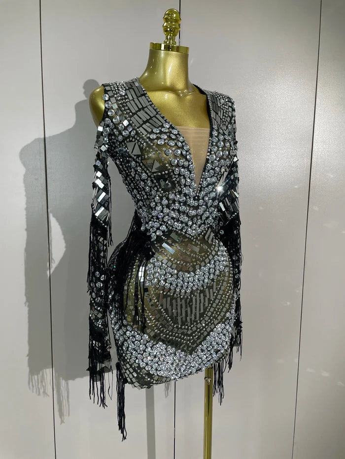 Candice sparkling diamond sequin tassel long sleeve sheer mesh mini dress for women party night out