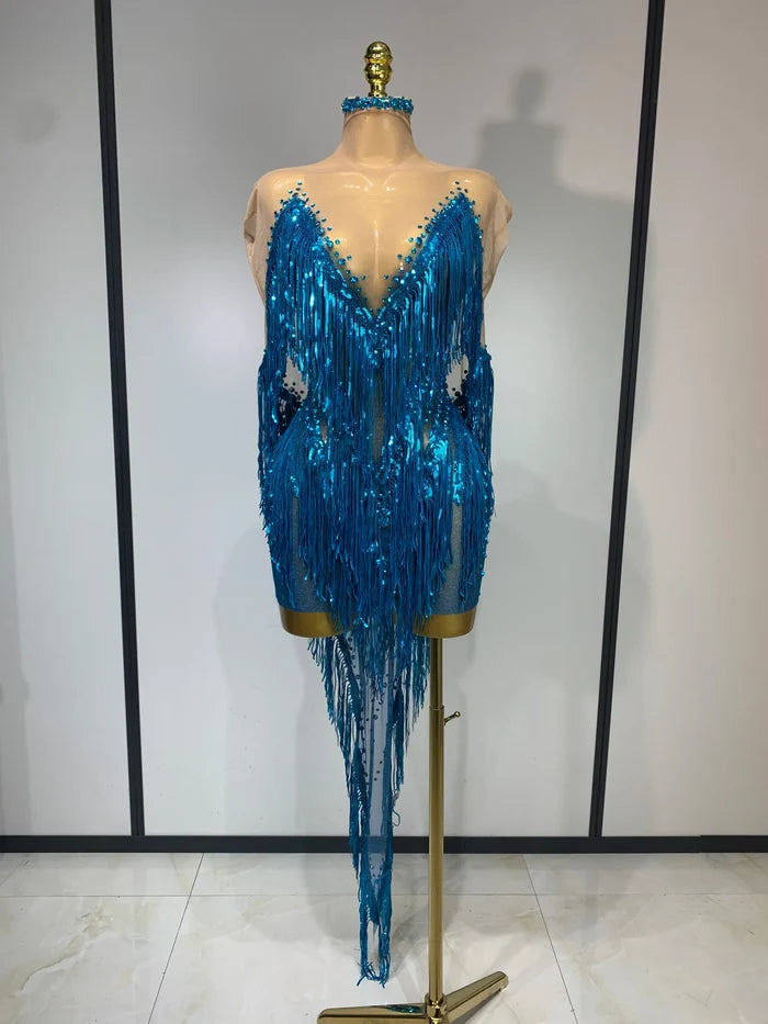 Carlene blue rhinestone tassel see through mesh birthday dress