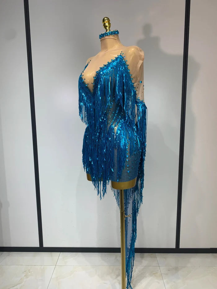 Carlene blue rhinestone tassel see through mesh birthday dress