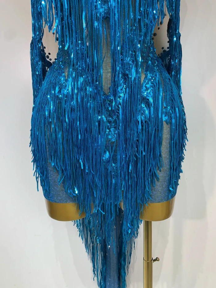 Carlene blue rhinestone tassel see through mesh birthday dress