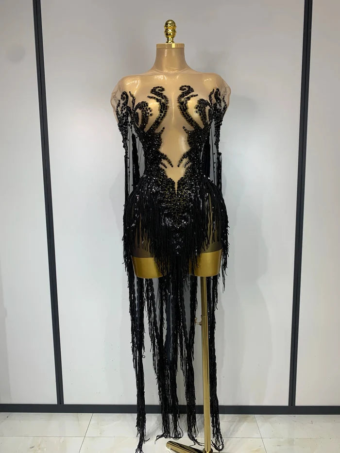 Carlene blue rhinestone tassel see through mesh birthday dress