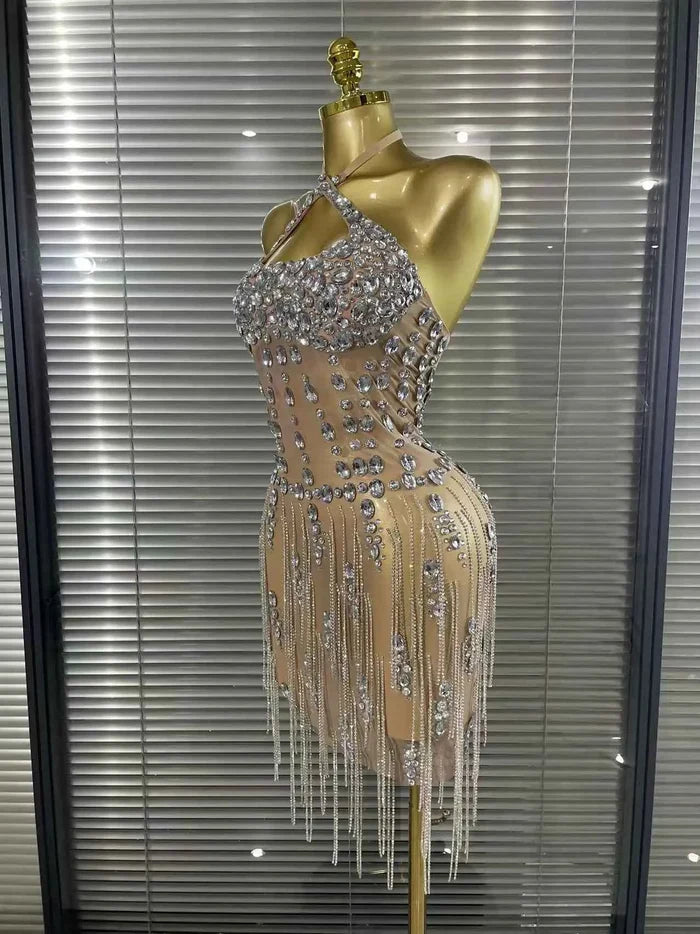 Carmen Crystal Diamond Halter Mesh Evening Gown