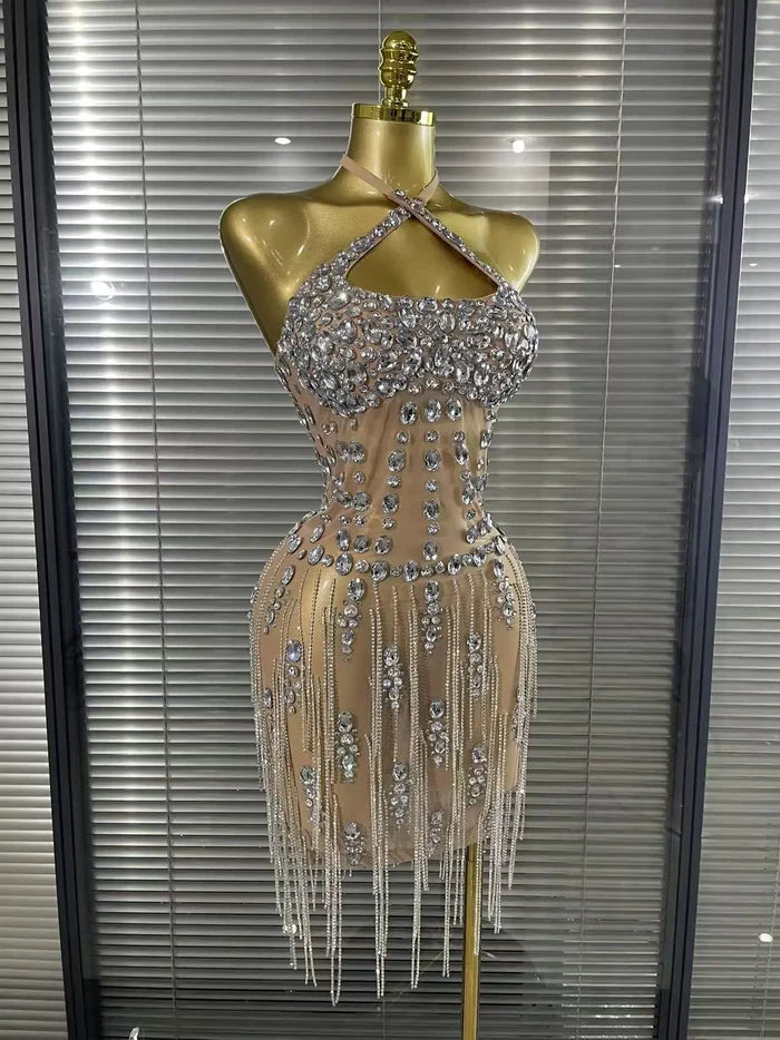 Carmen crystal diamond halter mesh evening gown for women. Sexy luxury dress for birthdays, nightclub, and stage events.