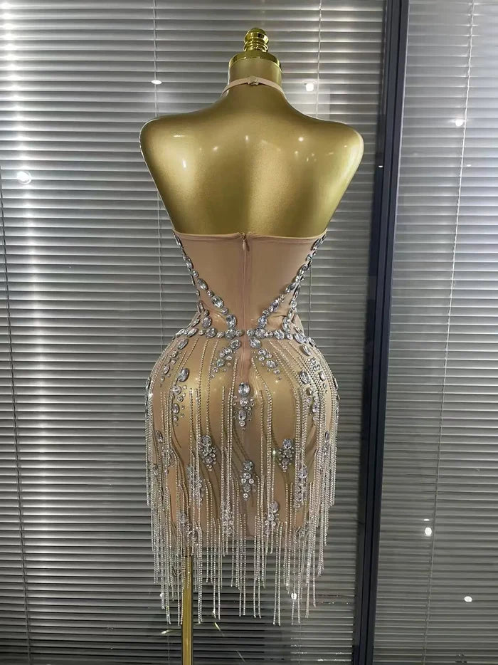 Carmen crystal diamond halter mesh evening gown for women. Sexy luxury dress for birthdays, nightclub, and stage events.