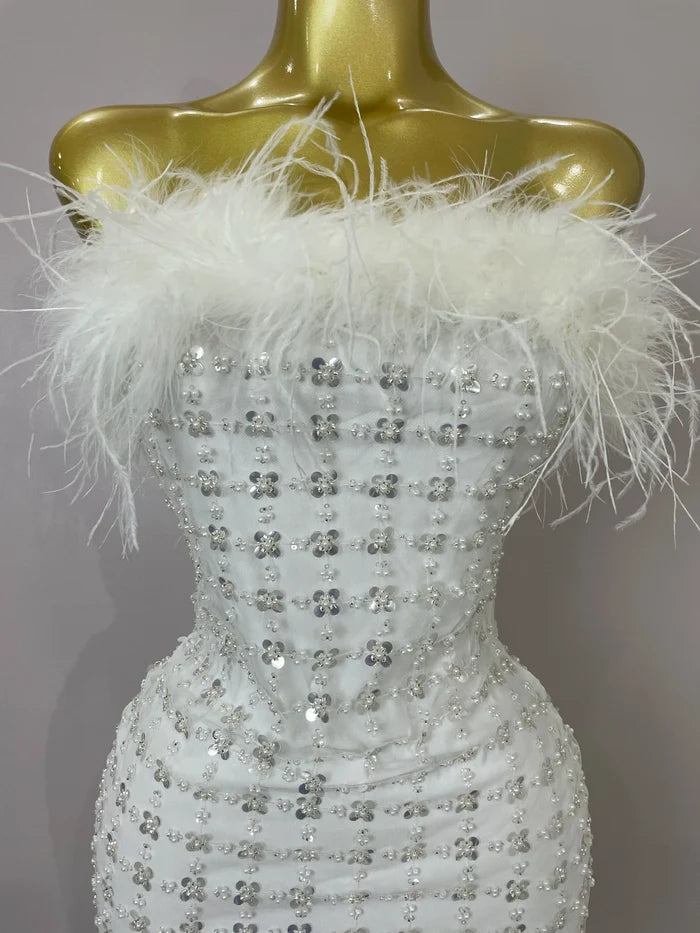 Carmina white feather sequin strapless bodycon mini dress. Perfect for birthdays, bridal parties, cocktails, and special events.