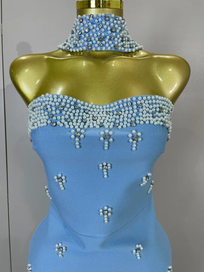 Carole strapless diamond bandage maxi dress with bead scarf. Elegant bodycon fit for prom, parties, birthdays, and luxury evening club wear.