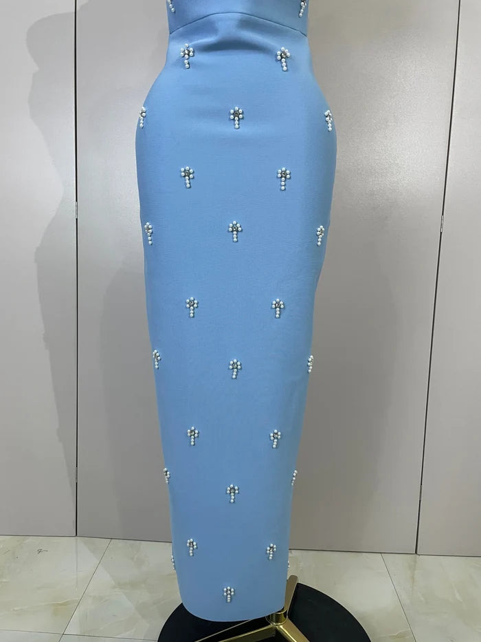 Carole strapless diamond bandage maxi dress with bead scarf. Elegant bodycon fit for prom, parties, birthdays, and luxury evening club wear.