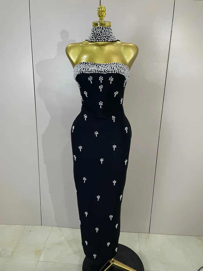 Carole strapless diamond bandage maxi dress with bead scarf. Elegant bodycon fit for prom, parties, birthdays, and luxury evening club wear.