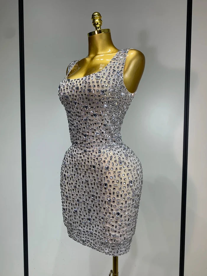 Carole luxury sparkly rhinestone sexy mesh see through short dress