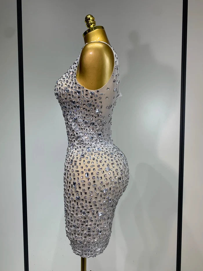Carole luxury sparkly rhinestone sexy mesh see through short dress