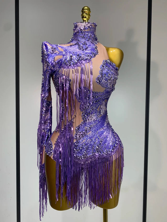 Purple rhinestone fringe bodysuit with one-shoulder sleeve