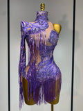 Purple rhinestone fringe bodysuit with one-shoulder sleeve