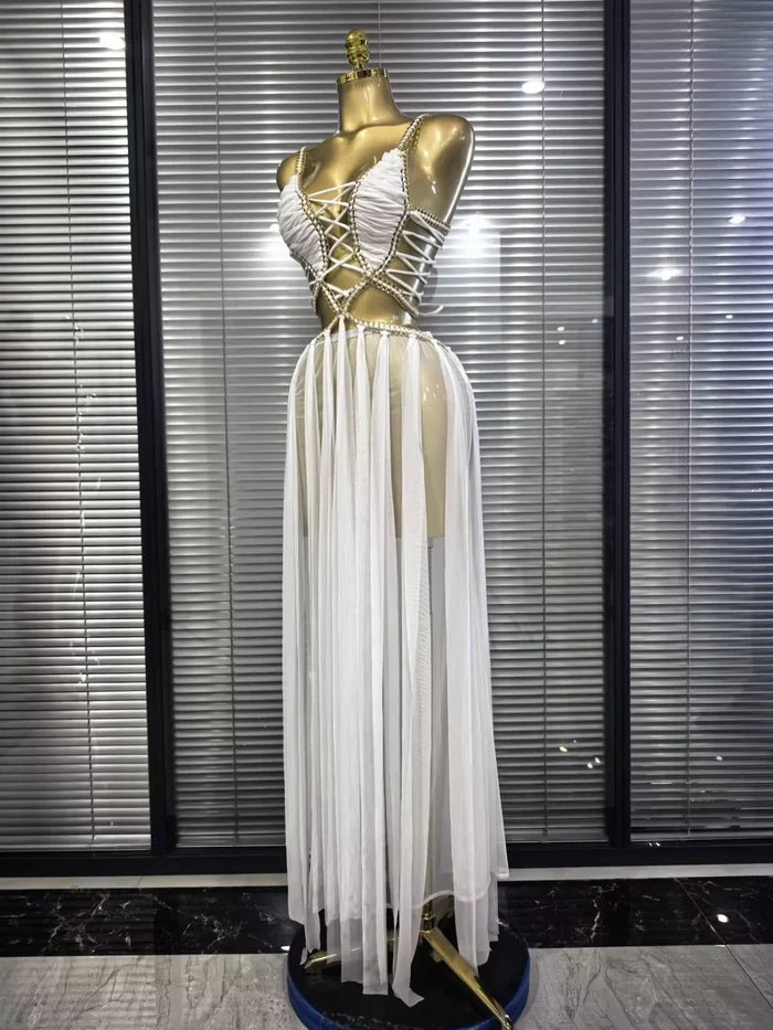 Chantelle golden sequin mesh see-through V-neck maxi dress for evening and formal party styling