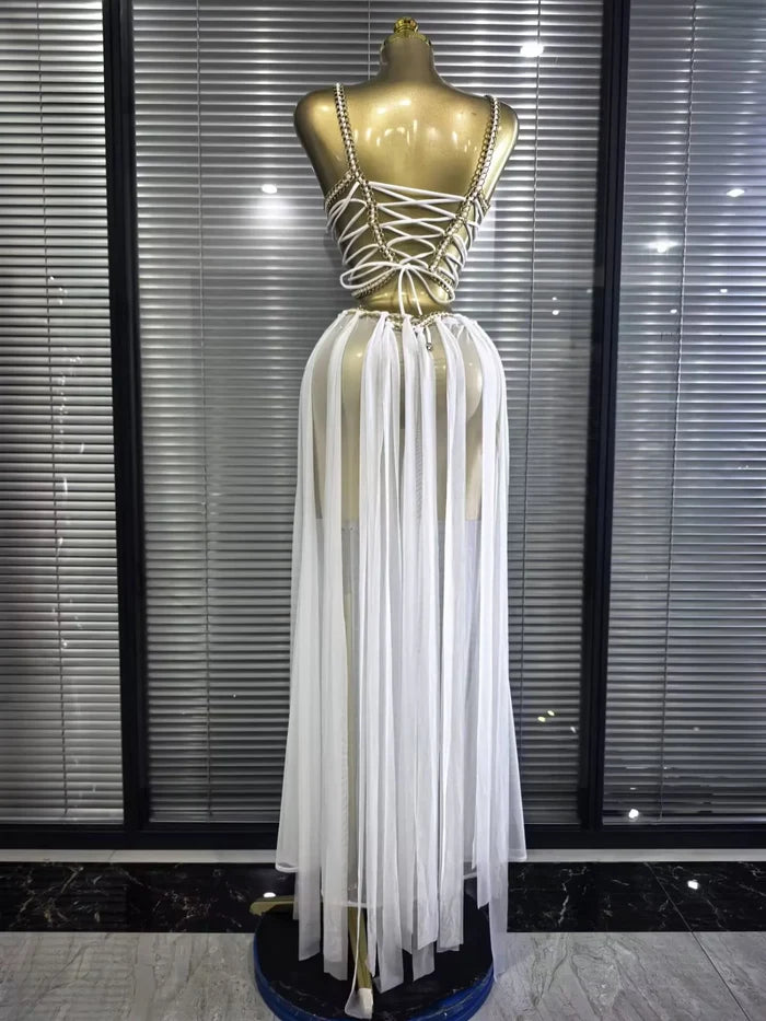 Chantelle golden sequin mesh see-through V-neck maxi dress for evening and formal party styling