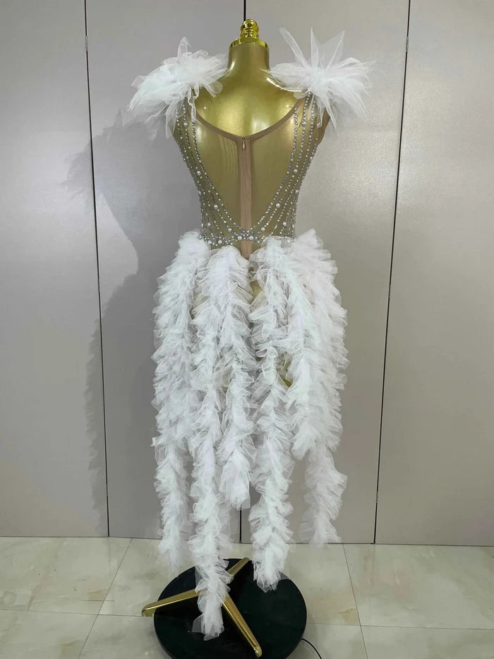 Chelle Sparkly Rhinestone Pearl Fringe Tassel Bodycon Bodysuit