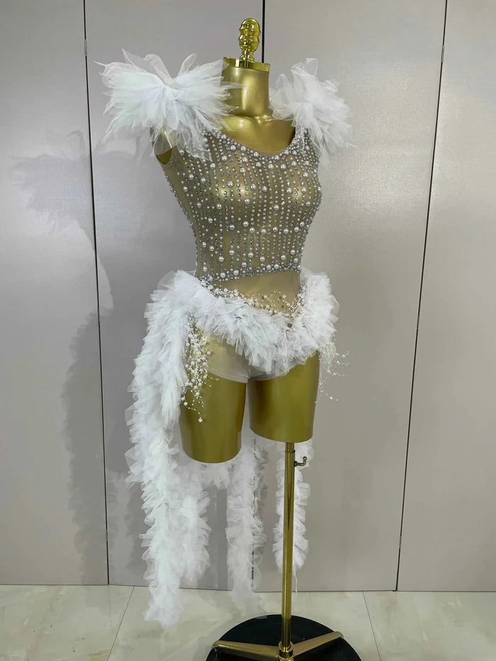 Chelle Sparkly Rhinestone Pearl Fringe Tassel Bodycon Bodysuit