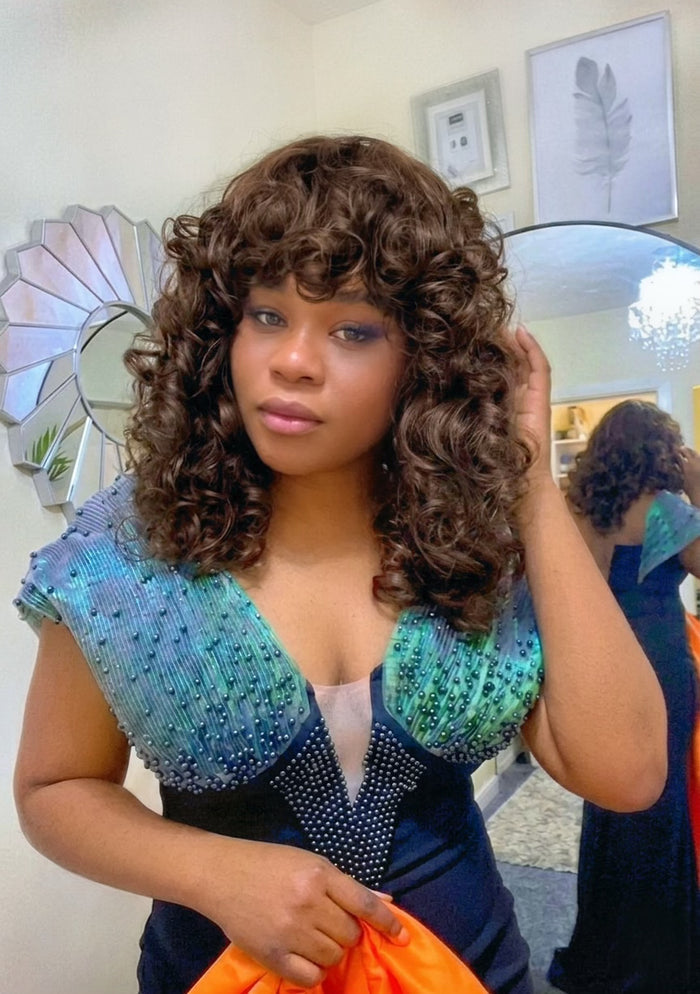 Chocolate brown deep curly human hair wig with full fringe and voluminous curls
