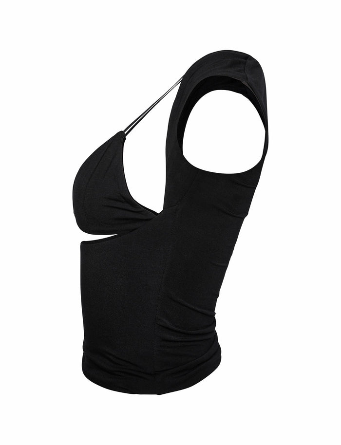 Side view of the stylish CHRISTY TOP - BLACK from TIGERMIST. This sleeveless top features a unique design with a cutout under the chest and a thin strap across the back, providing a modern and edgy look. The fabric appears to be stretchy and fitted, highlighting its sleek silhouette.