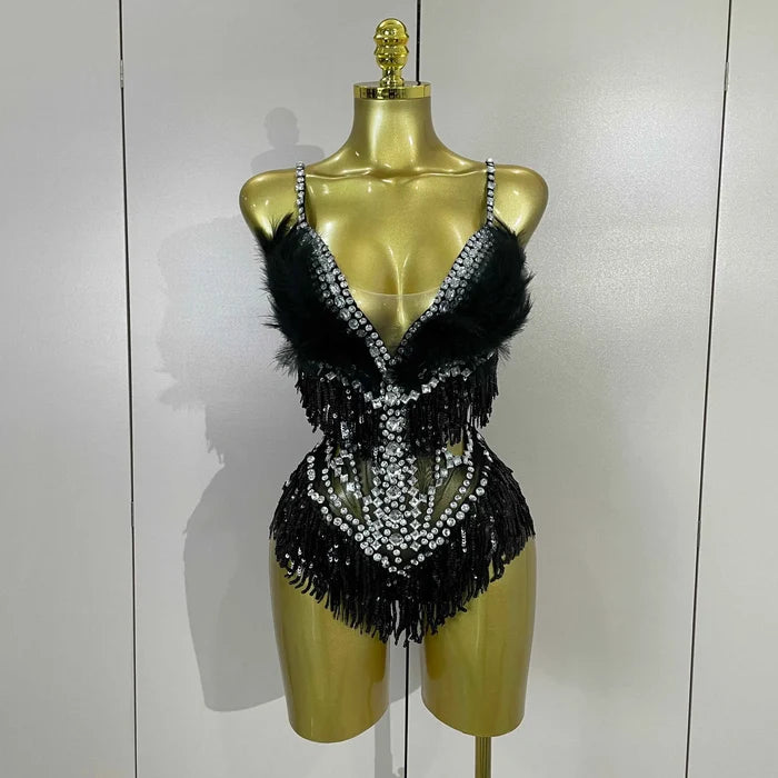 Claire Rhinestone Feather Tassel Mesh Bodysuit