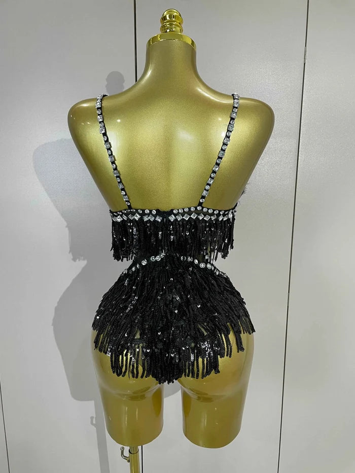 Claire Rhinestone Feather Tassel Mesh Bodysuit