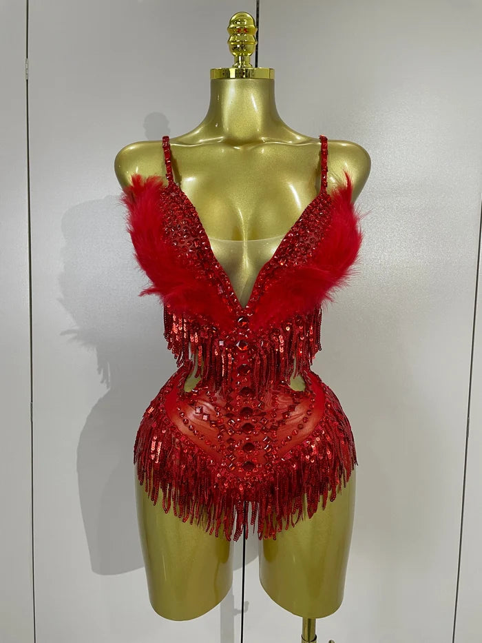Claire rhinestone feather tassel mesh bodysuit for women. Sexy performance outfit for nightlife, dance, and stage events.