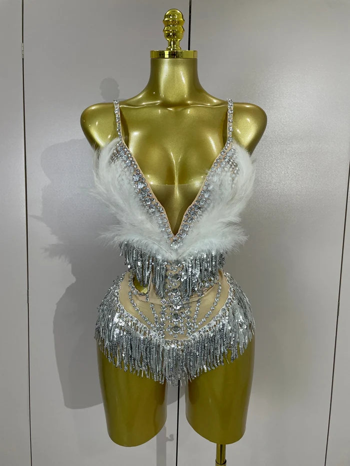 Claire rhinestone feather tassel mesh bodysuit for women. Sexy performance outfit for nightlife, dance, and stage events.
