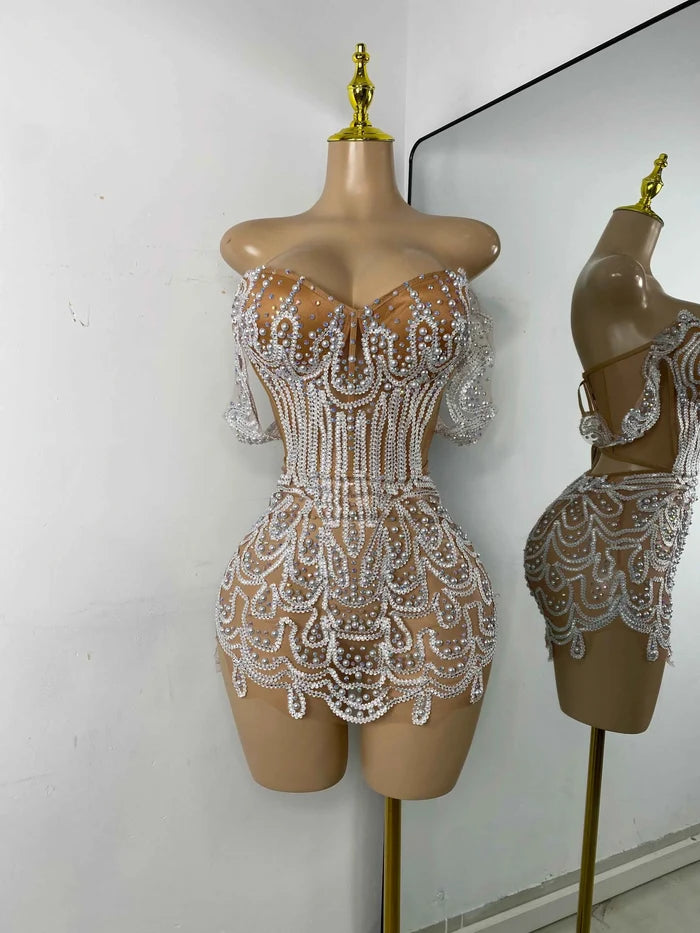 Claren Luxury Pearl & Sparkly Rhinestone Off-Shoulder Mesh Bodycon Mini Dress for Women