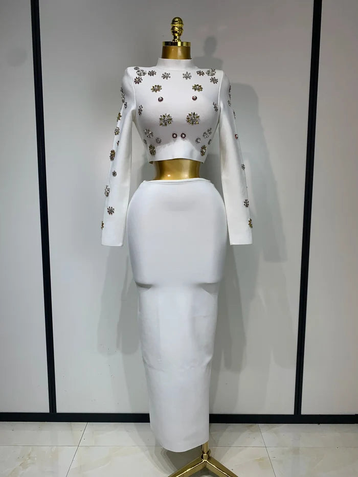 Claudia luxury pearl diamond long sleeve two-piece set for women, elegant 2025 birthday, evening party, and wedding guest gown