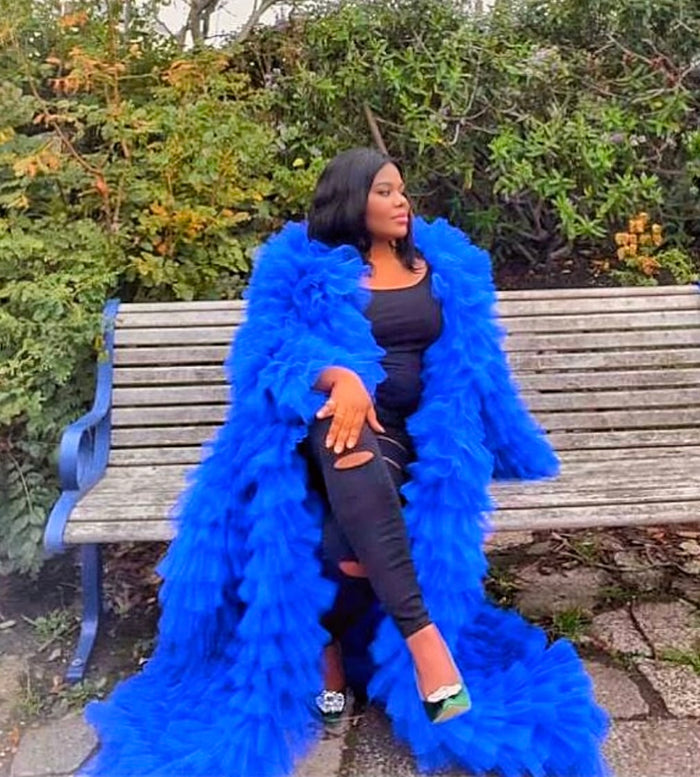 Extra lush blue Asymmetric Tiered Tulle Statement Coat with Train