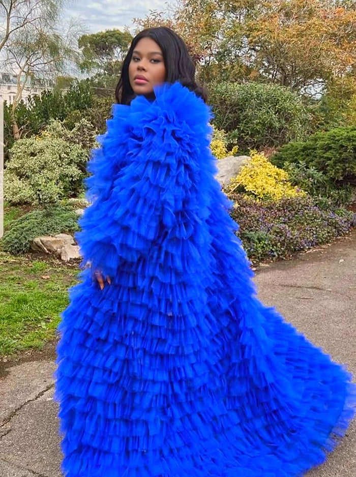 Cobalt Asymmetric Tiered Tulle Statement Coat with Train close shot