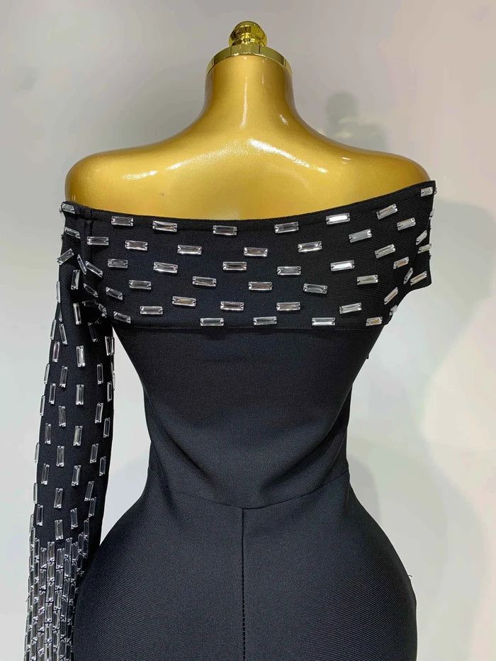 Coleen Sexy Off-shoulder Diamonds Black Maxi Long Bandage Dress