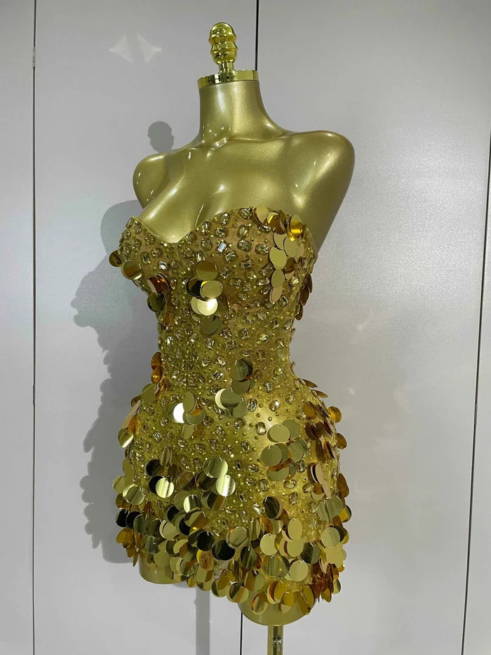 Cordelia Sparkly Gold Rhinestones Sequins Mini Dress