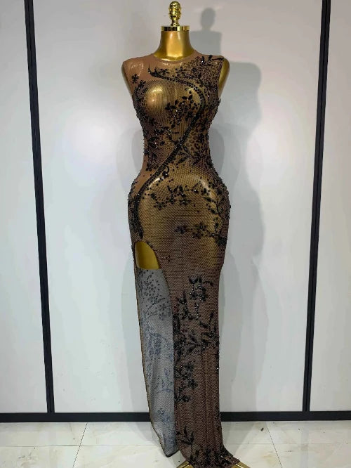 Corey Sexy O Neck Sleeveless Black Diamonds Crystal Maxi Dress