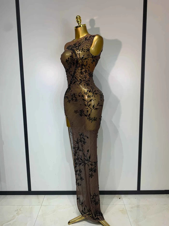 Corey Sexy O Neck Sleeveless Black Diamonds Crystal Maxi Dress