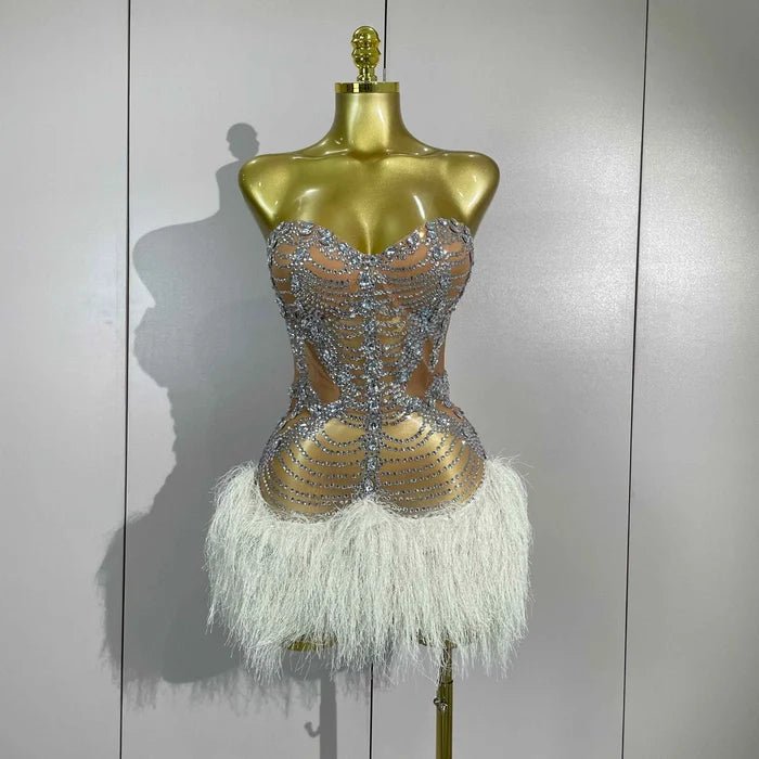 Women Sparkly Diamonds Tassel Sexy Strapless Mesh Sheer Mini Dress Eveing Luxury Birthday Party Singer Nightclub Stage Costume