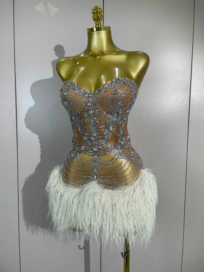 Women Sparkly Diamonds Tassel Sexy Strapless Mesh Sheer Mini Dress Eveing Luxury Birthday Party Singer Nightclub Stage Costume