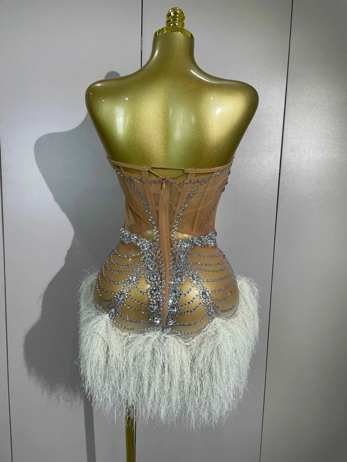 Women Sparkly Diamonds Tassel Sexy Strapless Mesh Sheer Mini Dress Eveing Luxury Birthday Party Singer Nightclub Stage Costume