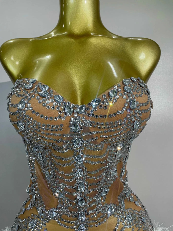 Women Sparkly Diamonds Tassel Sexy Strapless Mesh Sheer Mini Dress Eveing Luxury Birthday Party Singer Nightclub Stage Costume