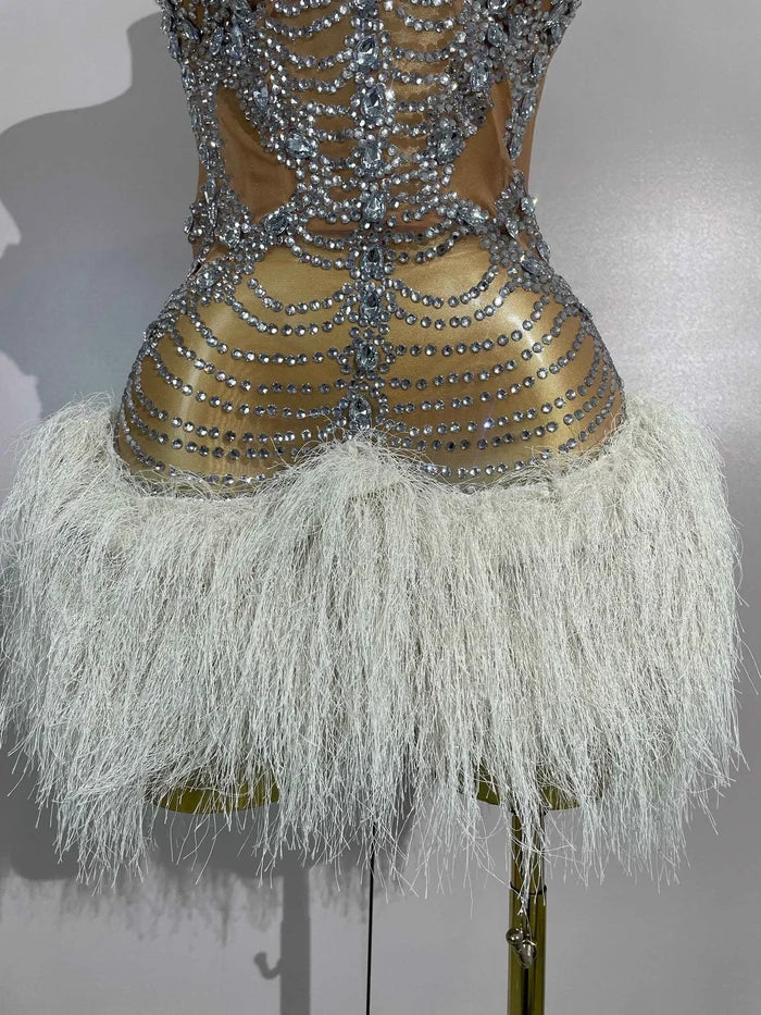 Women Sparkly Diamonds Tassel Sexy Strapless Mesh Sheer Mini Dress Eveing Luxury Birthday Party Singer Nightclub Stage Costume