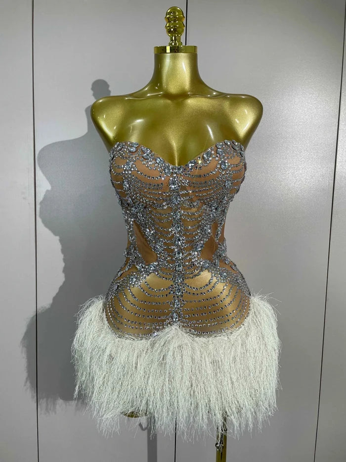 Women Sparkly Diamonds Tassel Sexy Strapless Mesh Sheer Mini Dress Eveing Luxury Birthday Party Singer Nightclub Stage Costume