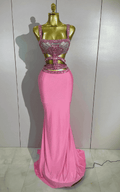 Sparkly pink rhinestone two-piece long dress set with sleeveless fitted design and glamorous shine
